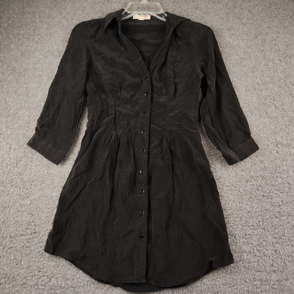 Anthropologie Pins and Needles Shirt Dress Sz Small Black 100% Silk Button Up
